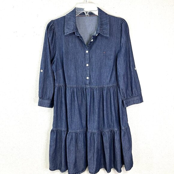 TOMMY HILFIGER Chambray Shirt Dress Tiered Dark Denim Navy Blue Popover Size 8 - Picture 1 of 14